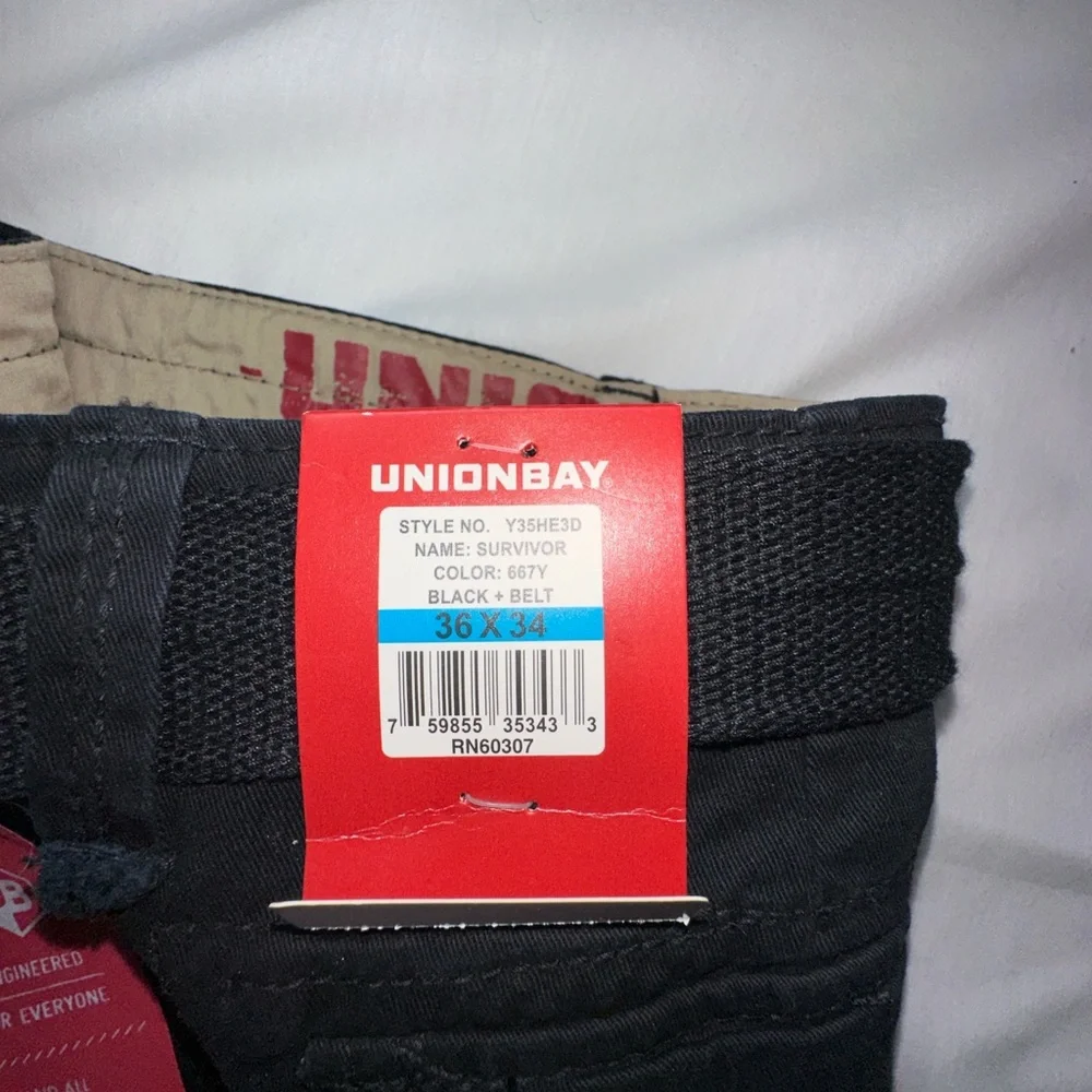 Unionbay Survivor Cargo Pants Mens 36x34 Black Utility Work Pants Belted NWT